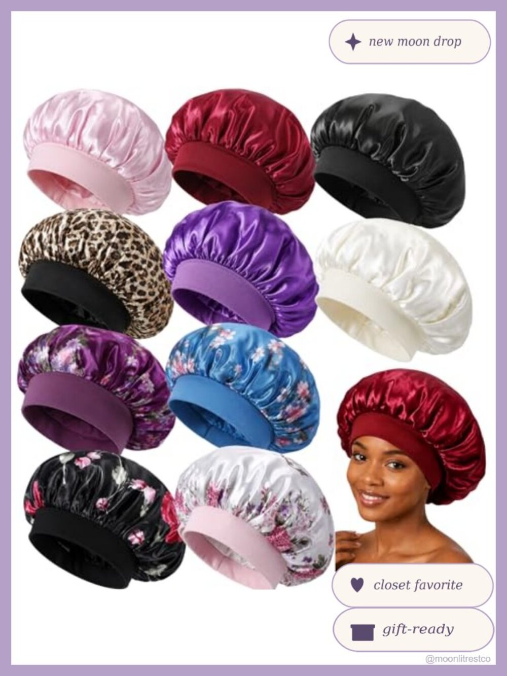 10 Pack Satin Sleep Bonnets Wide Band Frizz Control Hair Cap Set